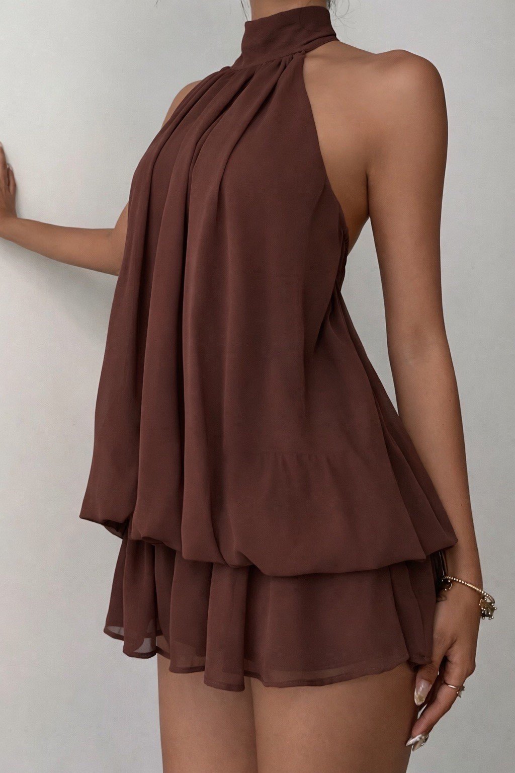 Chiffon Halter Neck Mini Dress — super flowy & classy - Dark Brown